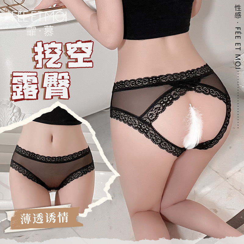 蕾丝透纱露臀开裆内裤.