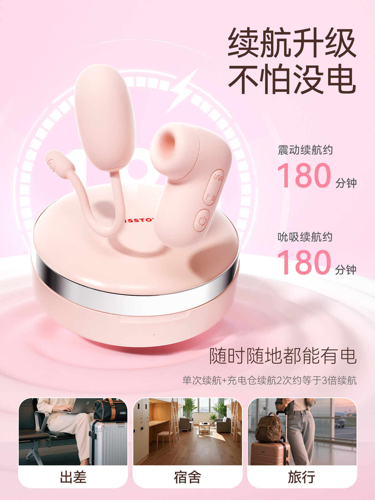 PUPU 吸吮端、震动端与收纳充电盒的续航示意