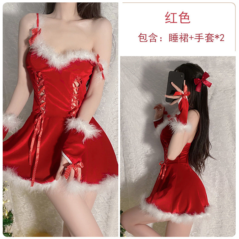 蓬蓬裙摆毛绒拼接丝绒睡裙圣诞制服套装