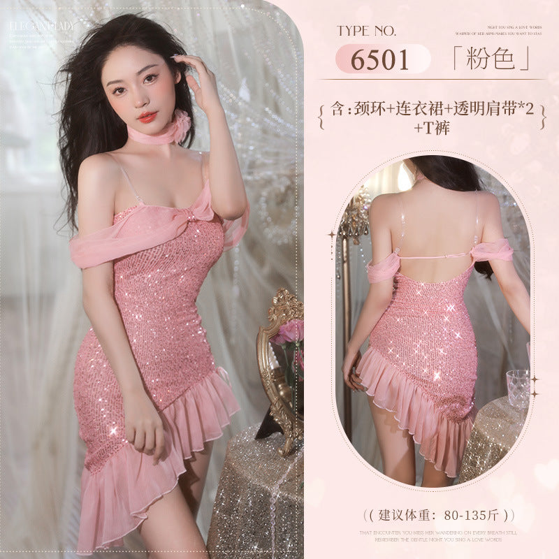 一字抹胸甜美亮闪礼服裙