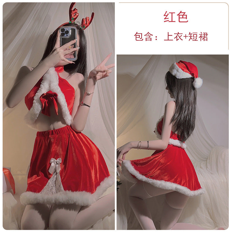 挂脖毛绒蝴蝶结装饰上衣短裙圣诞制服套装