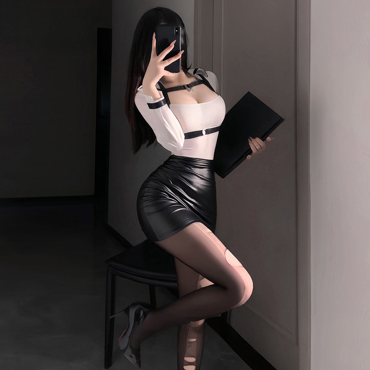 秘蜜特攻 秘语性感OL风秘书绑带套装制服诱惑仿皮包臀裙