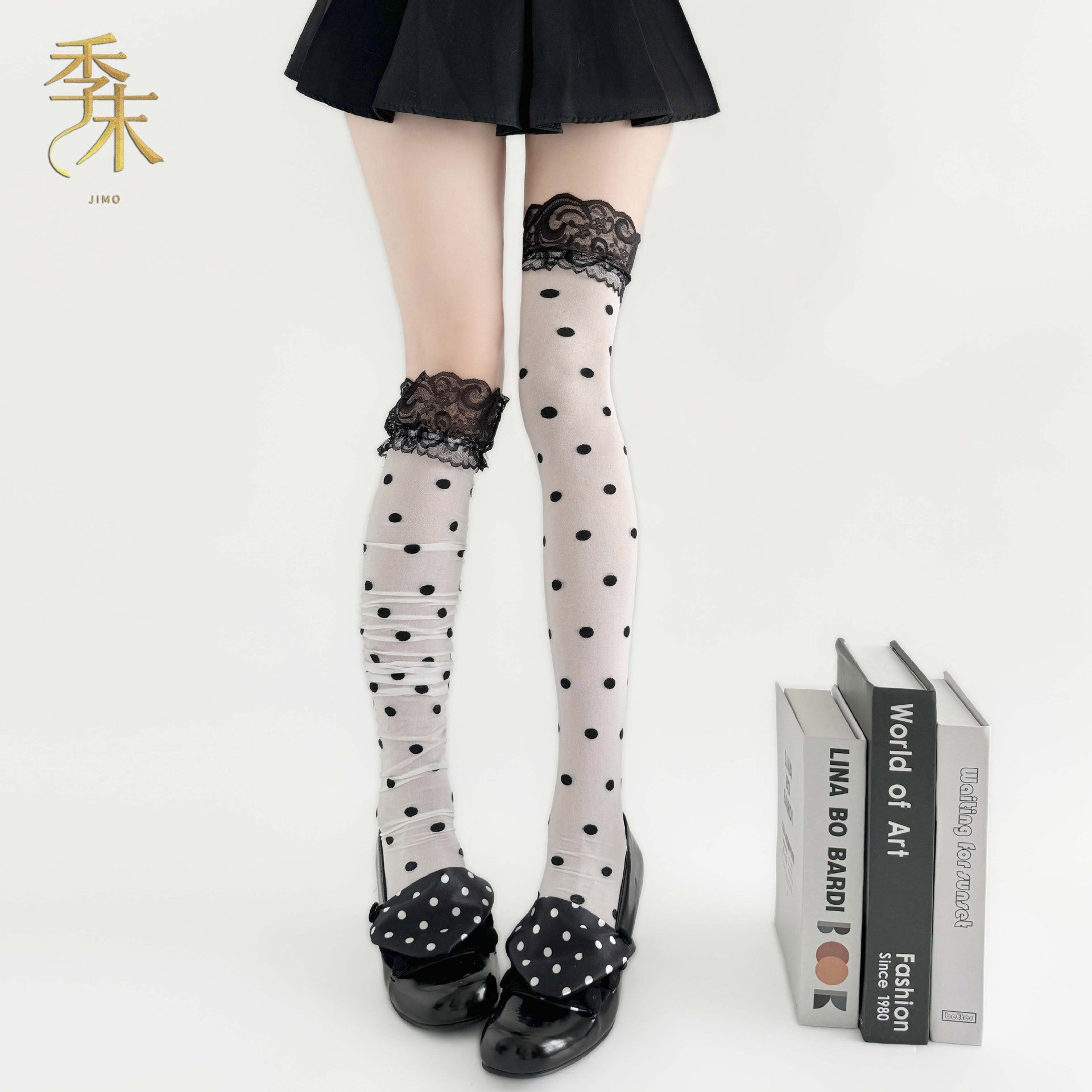 复古波点蕾丝圆点y2k辣妹过膝袜撞色丝袜.