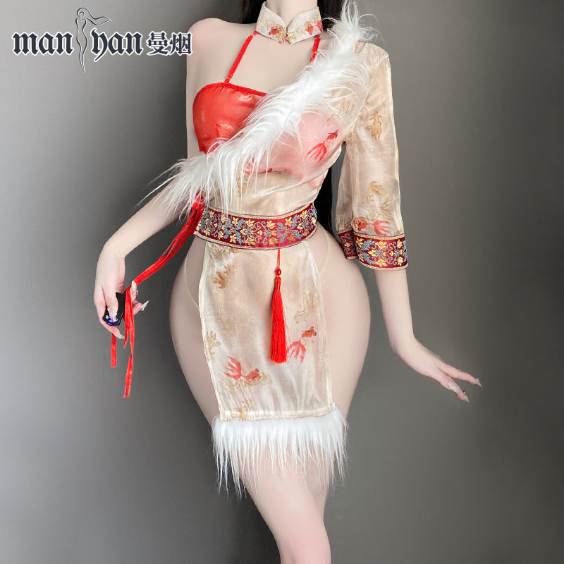 古风蒙古服斜跨毛领透视高腰开叉制服