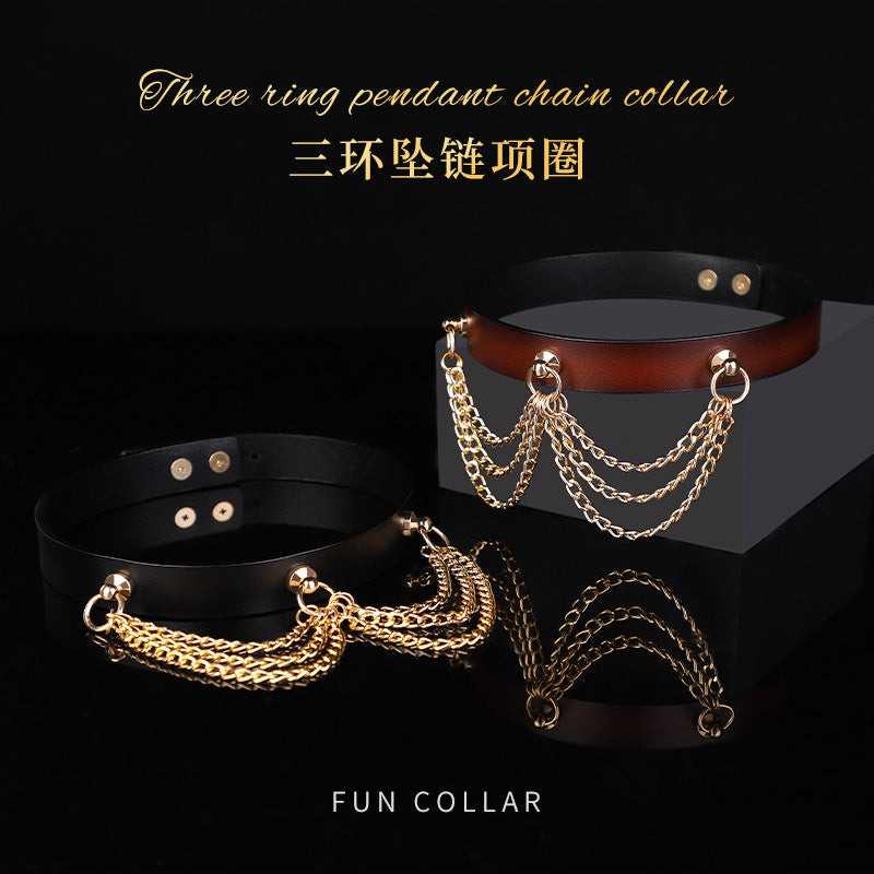 三环坠链真皮项圈加牵引绳