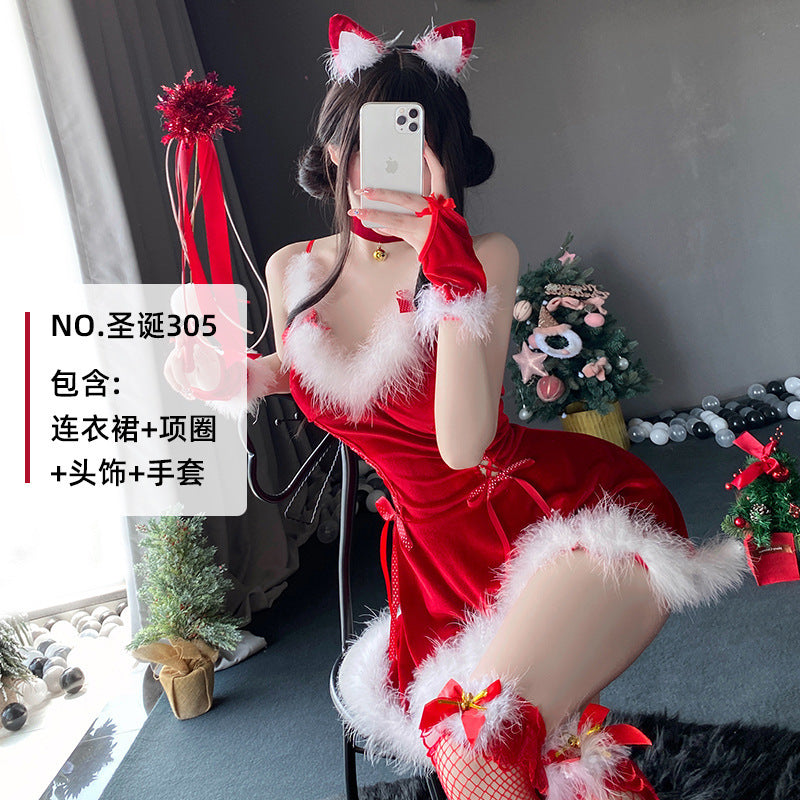 蓬蓬裙摆毛绒拼接丝绒睡裙新年制服套装