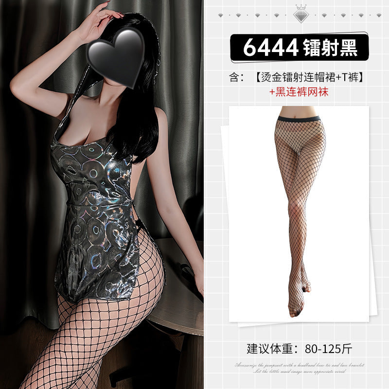 狂热女王 开衩裸背烫金镭射连帽裙