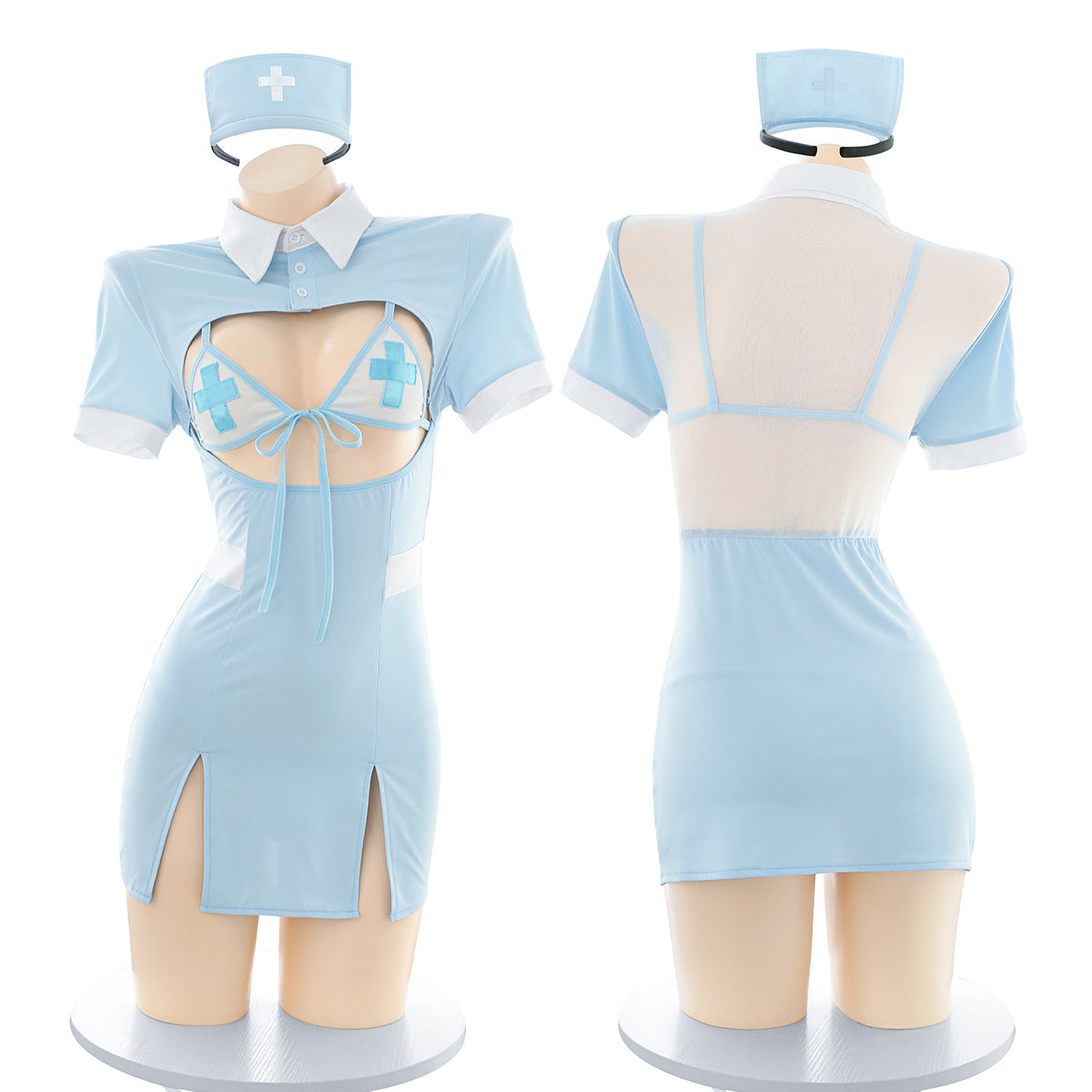 夏日猛攻 甜心奶蓝挖空浅V系带透纱护士制服.