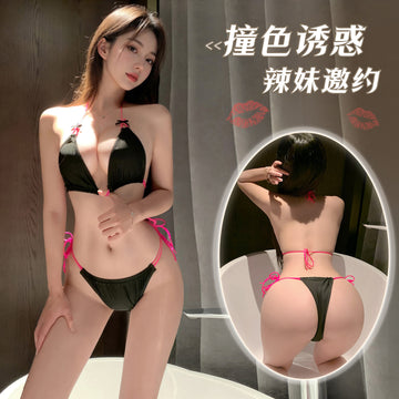 辣妹邀约 性感辣妹内搭撞色三点式套装比基尼深V露沟