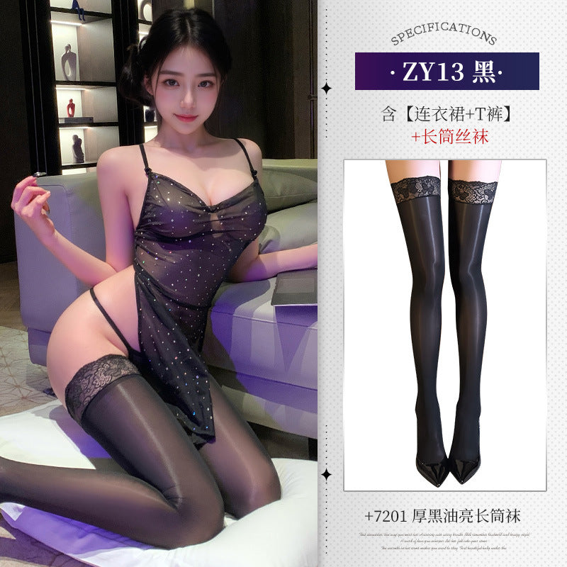 暗夜繁星 亮片荡领透视吊带免脱诱惑睡裙