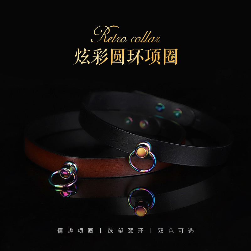 高端BDSM真皮幻彩项圈锁骨链