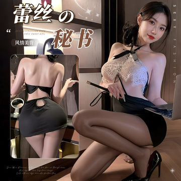 实习小秘 睫毛蕾丝镂空透视挂脖包臀秘书装制服