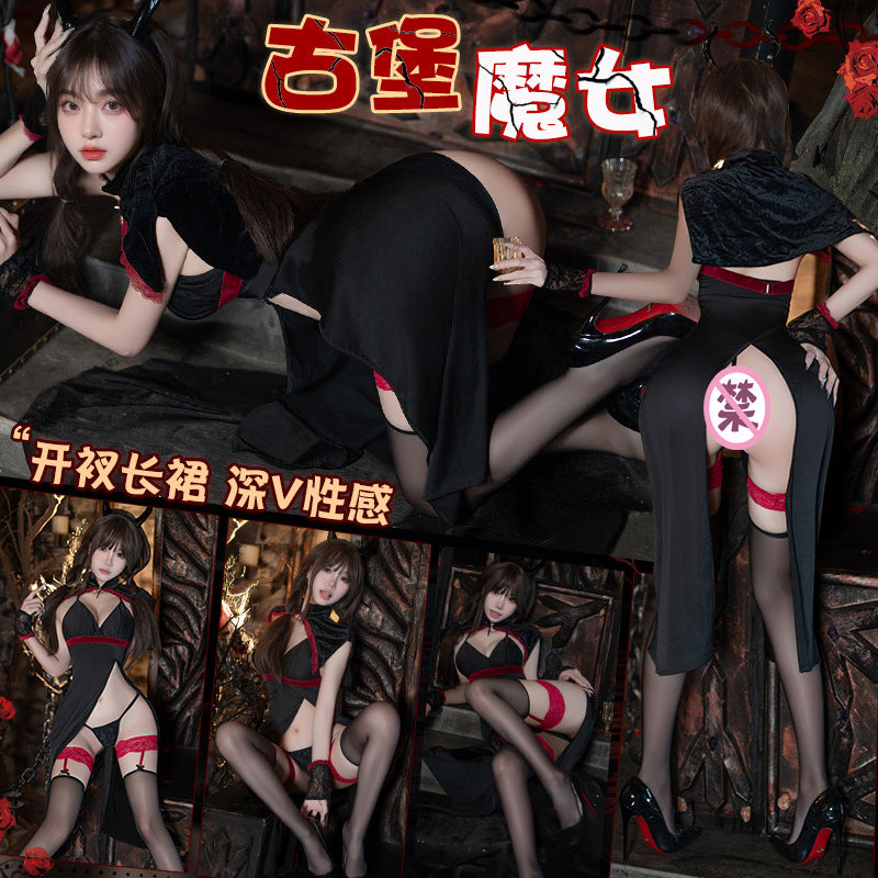 魔女的狂欢 性感高腰开叉暗黑女巫制服套装