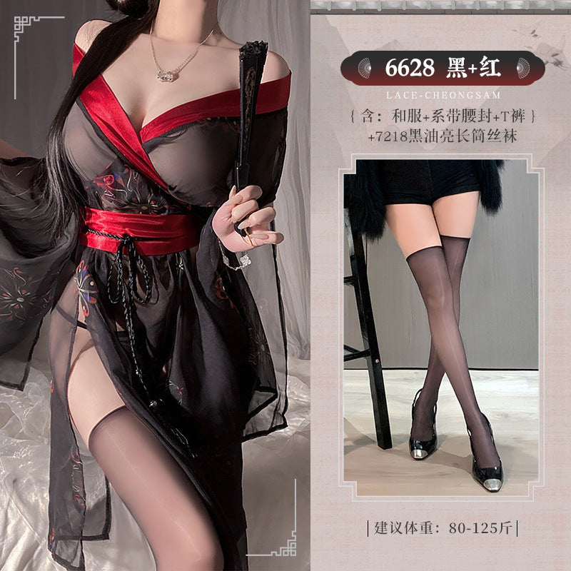 日式魅影 透视露臀免脱诱惑印花和服套装