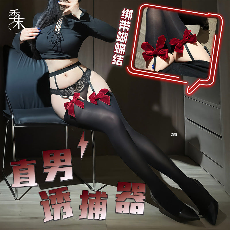 直男诱捕器 日系丝绒蝴蝶结天鹅绒一体吊带袜.