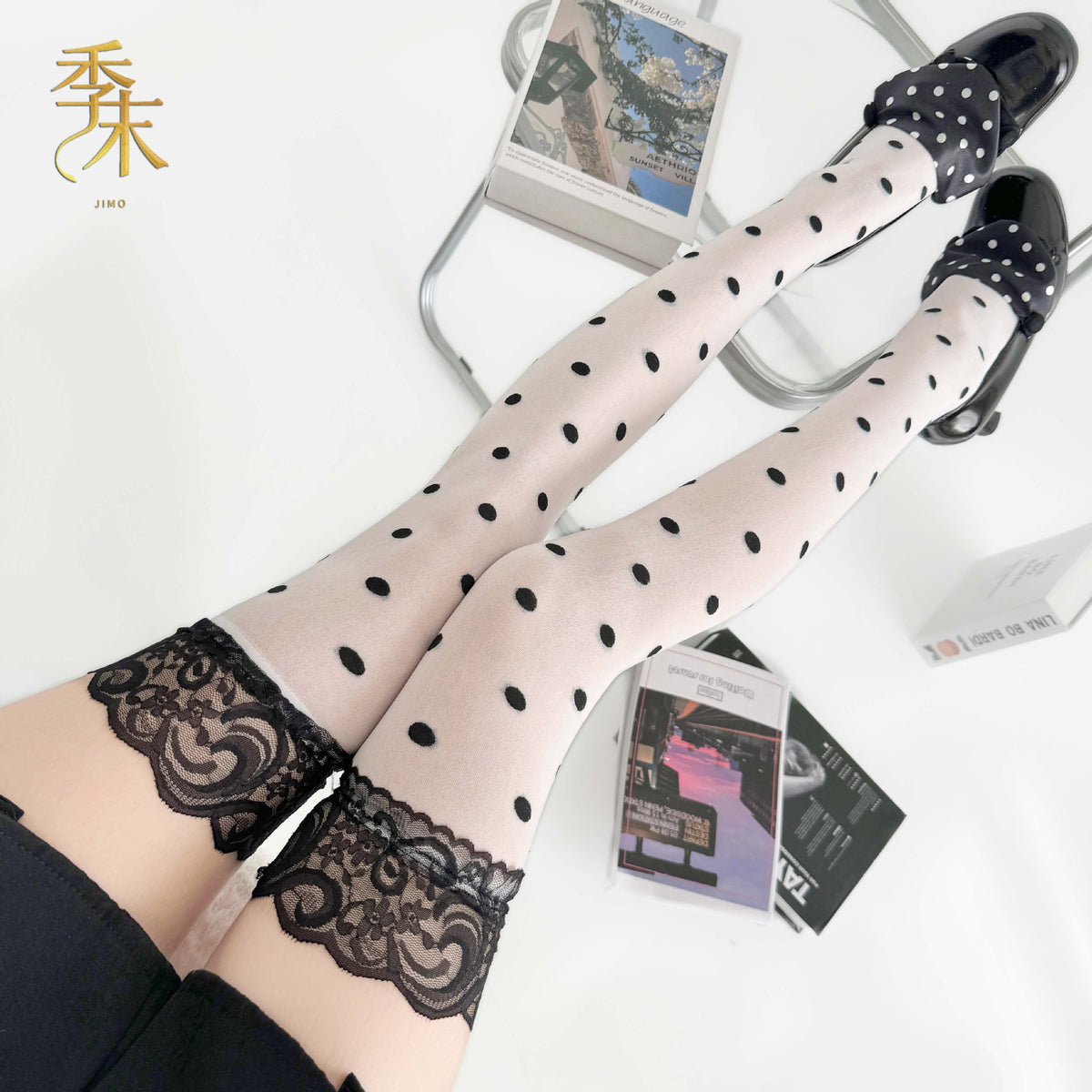 复古波点蕾丝圆点y2k辣妹过膝袜撞色丝袜.