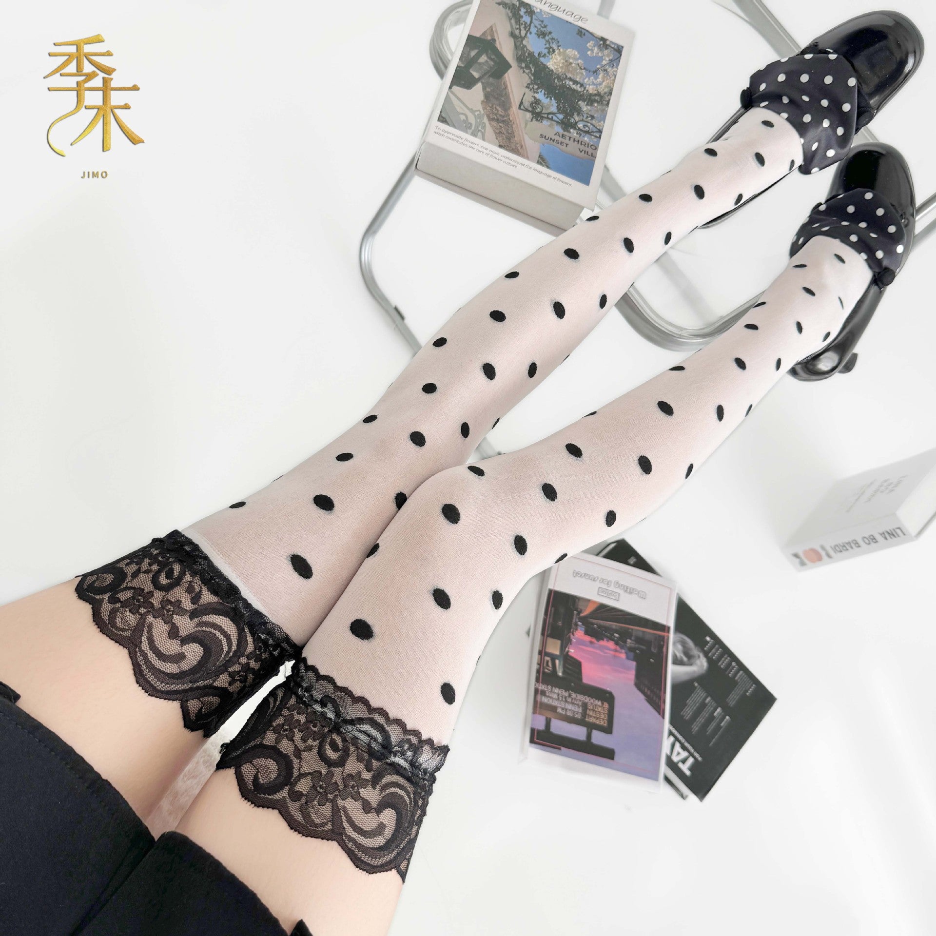复古波点蕾丝圆点y2k辣妹过膝袜撞色丝袜.