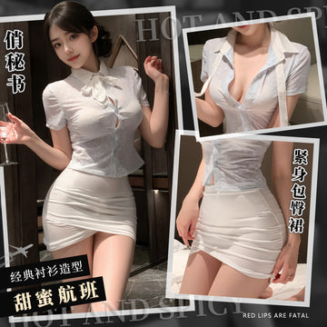 韩风空姐 时尚透肤俏秘书套装性感包臀超短裙制服