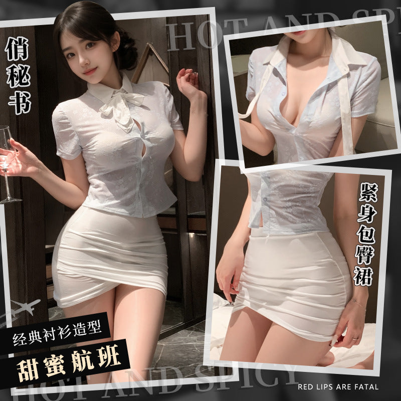 韩风空姐 时尚透肤俏秘书套装性感包臀超短裙制服