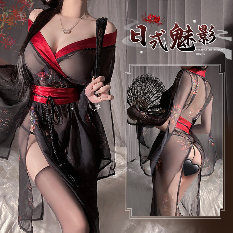 日式魅影 透视露臀免脱诱惑印花和服套装