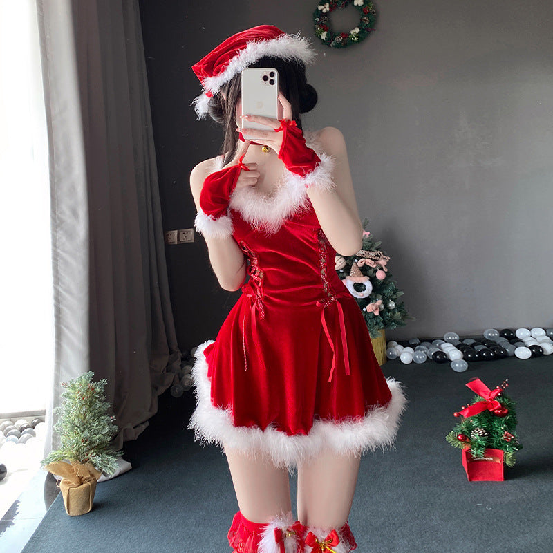 蓬蓬裙摆毛绒拼接丝绒睡裙新年制服套装
