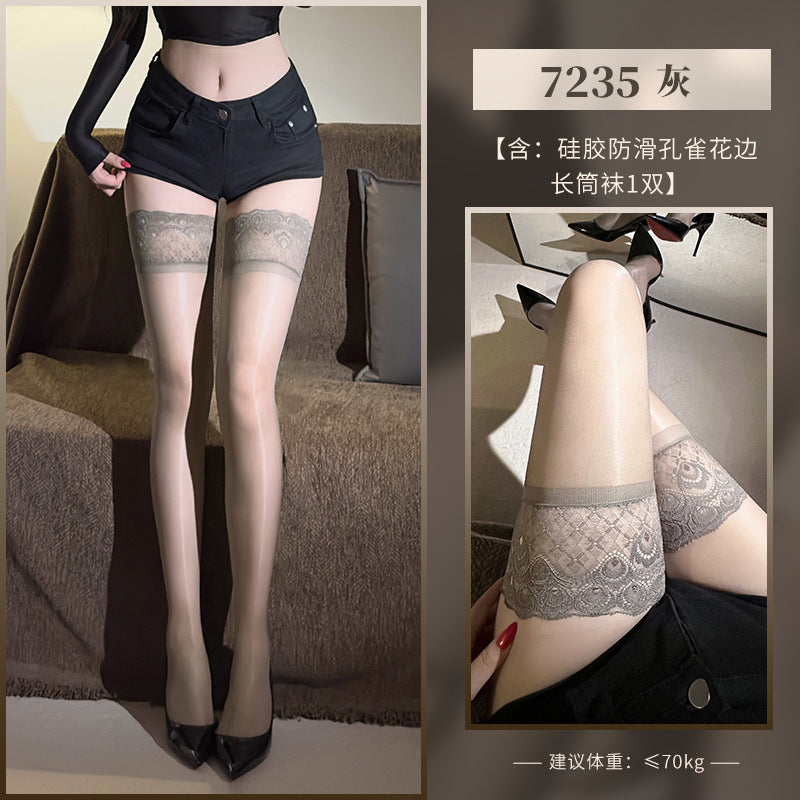 孔雀边油亮长筒性感超薄丝袜