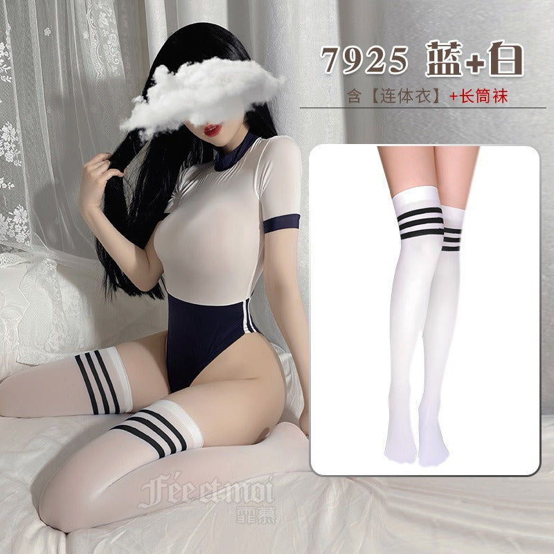 日式清纯少女拼接色性感开档死库水连体衣