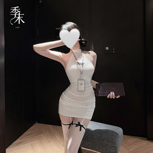 迷离之夜 纯欲风辣妹无袖挂脖调情秘书包臀裙.