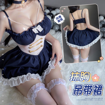 美背拼接捏褶吊带抹胸荷叶花边公主蓬蓬裙