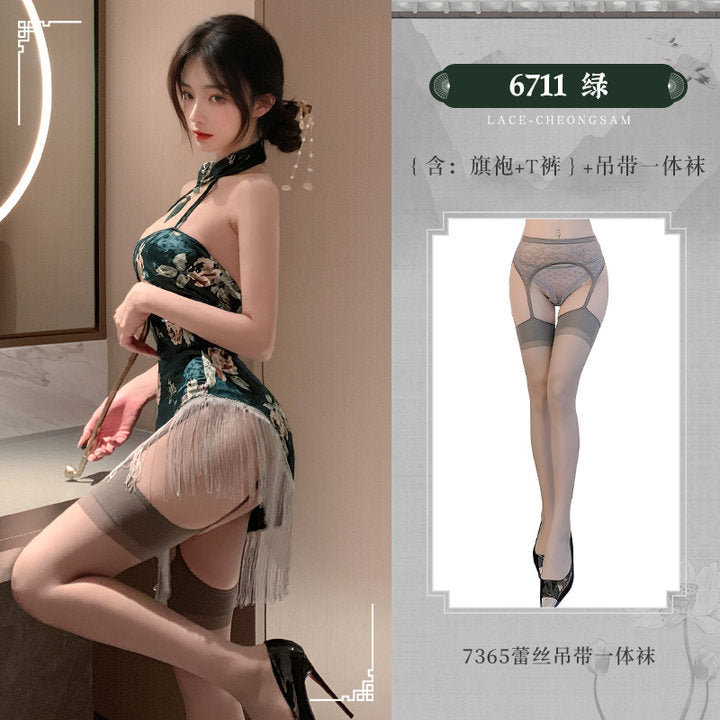 军阀姨太太 人间富贵花印花丝绒纯欲性感旗袍