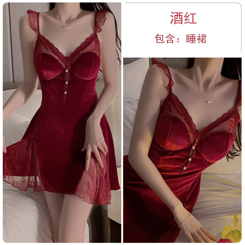 塞纳河畔 丝绒透视深V加胸垫甜美诱惑秋冬吊带蕾丝睡裙