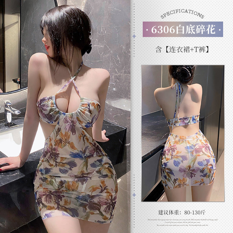 夏日氛围 泰式海边度假碎花深U露沟包臀裙