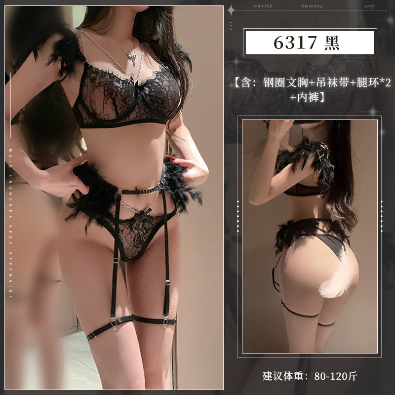 舞女钢圈羽毛三点式套装