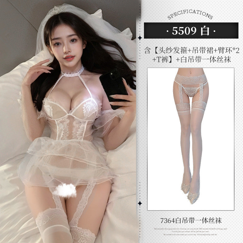 甜蜜娇妻 新娘透视露胸裸臀睡裙套装.