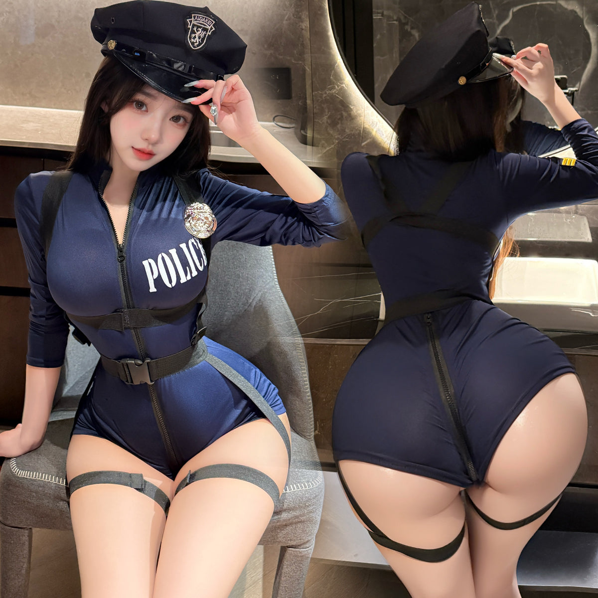 暗夜行动 性感紧身警官制服绑带拉链开档连体衣
