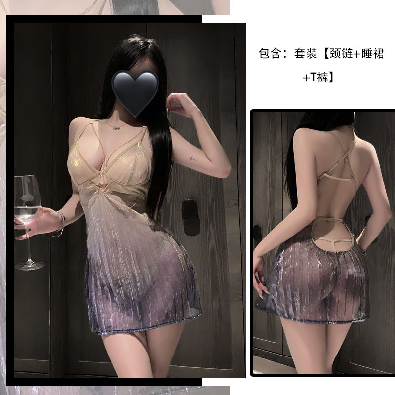 璀璨银河 流萤扇纹细闪渐变网纱夜店包臀睡裙.