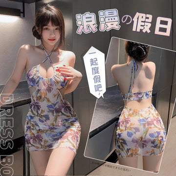 夏日氛围 泰式海边度假碎花深U露沟包臀裙