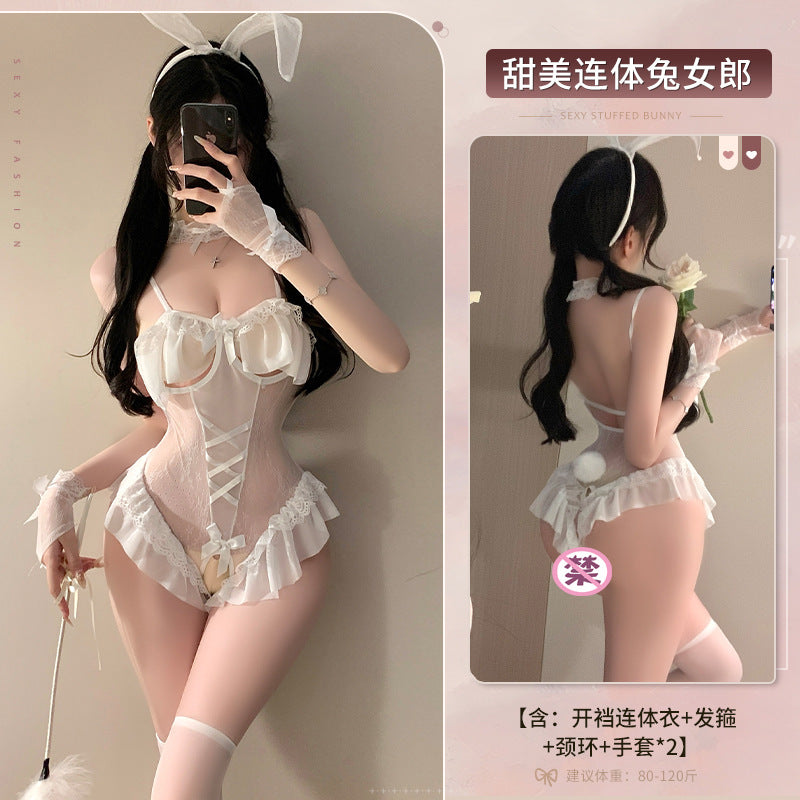 初恋朗姆 荷叶边镂空透视吊带开裆连体兔女郎制服