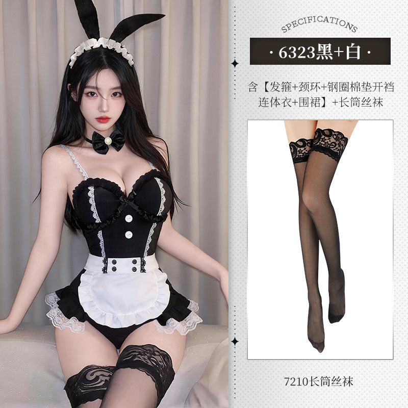 兔兔侍应生 钢圈束身兔女仆套装开裆免脱制服.