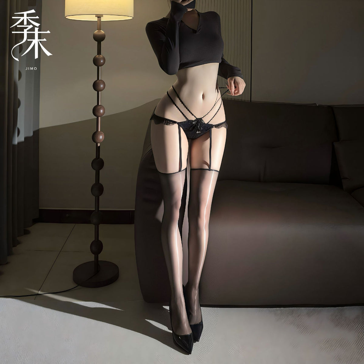 心脏失速 极光3D交叉蕾丝细带镂空铃铛内裤一体吊带袜.