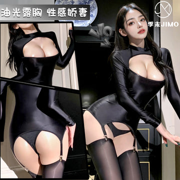 性感油亮长袖连体衣丝滑缕空激情开档情趣内衣