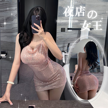 星河碎梦 露背低胸链条交叉透视亮片吊带裙