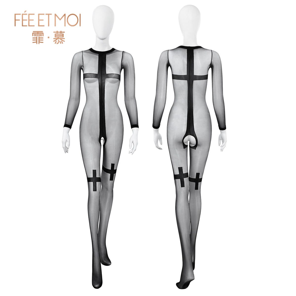 暗夜圣咏 修女の祈祷油亮十字长袖连脚开裆连身袜.