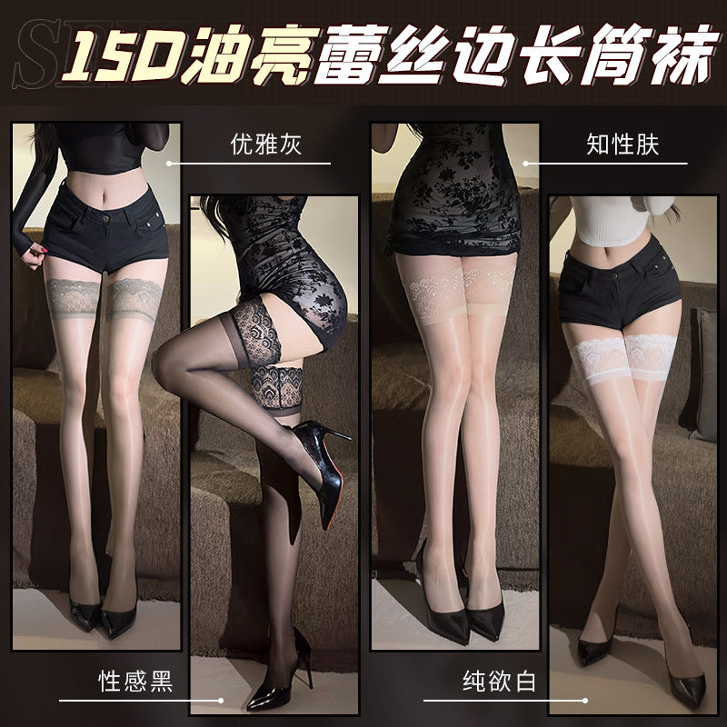 孔雀边油亮长筒性感超薄丝袜