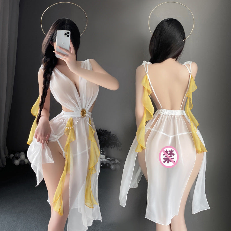 扶柳仙子 性感透视深V串珠分片美背摆飘逸仙子长裙COS制服