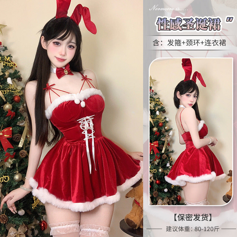 惹火小兔 新年可爱兔女郎甜美丝绒连衣裙套装