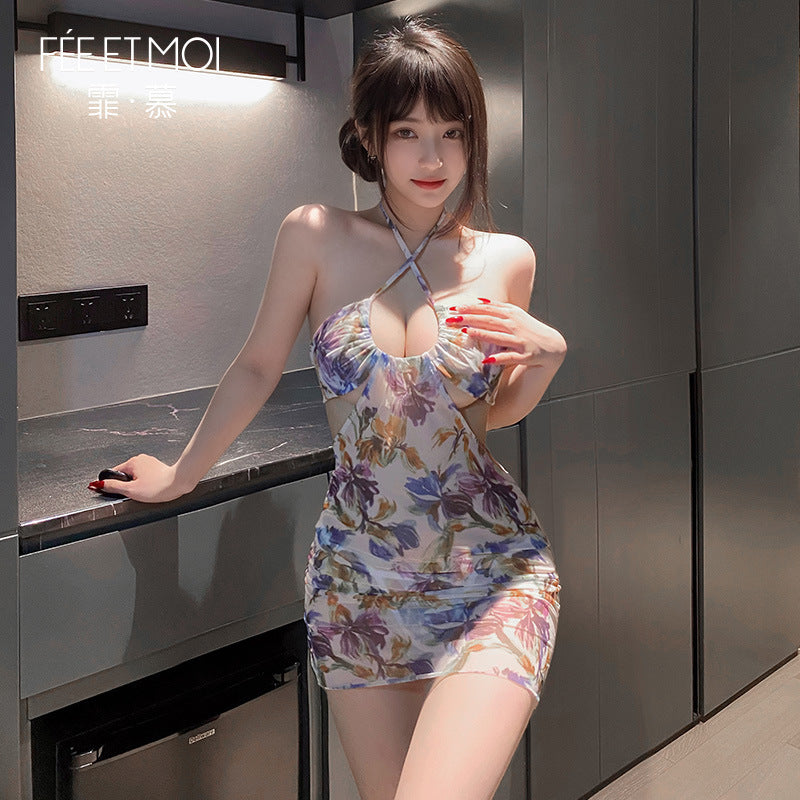 夏日氛围 泰式海边度假碎花深U露沟包臀裙