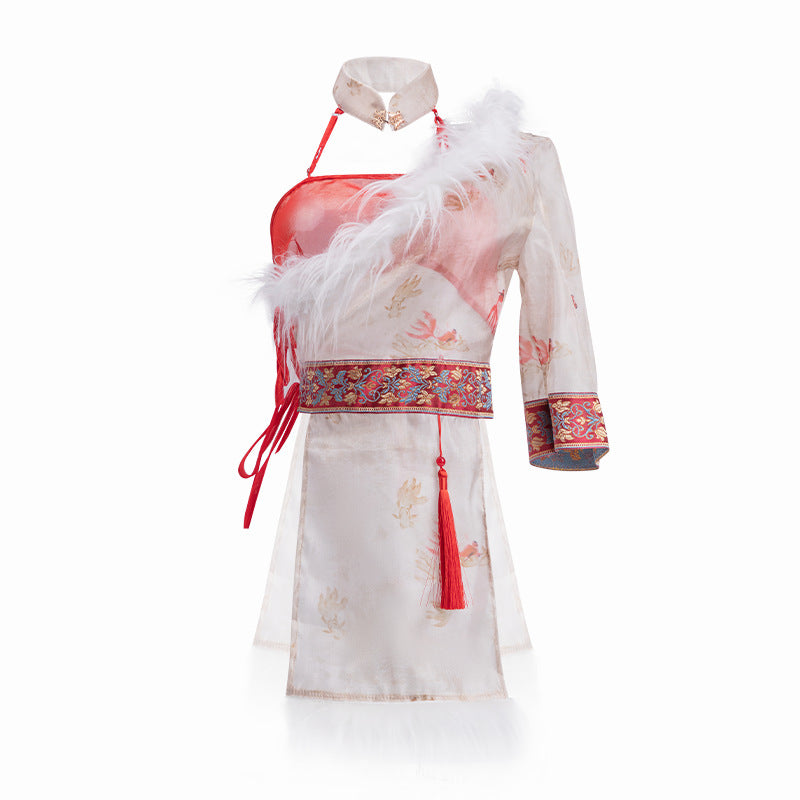 古风蒙古服斜跨毛领透视高腰开叉制服