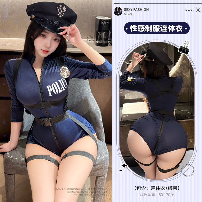 暗夜行动 性感紧身警官制服绑带拉链开档连体衣