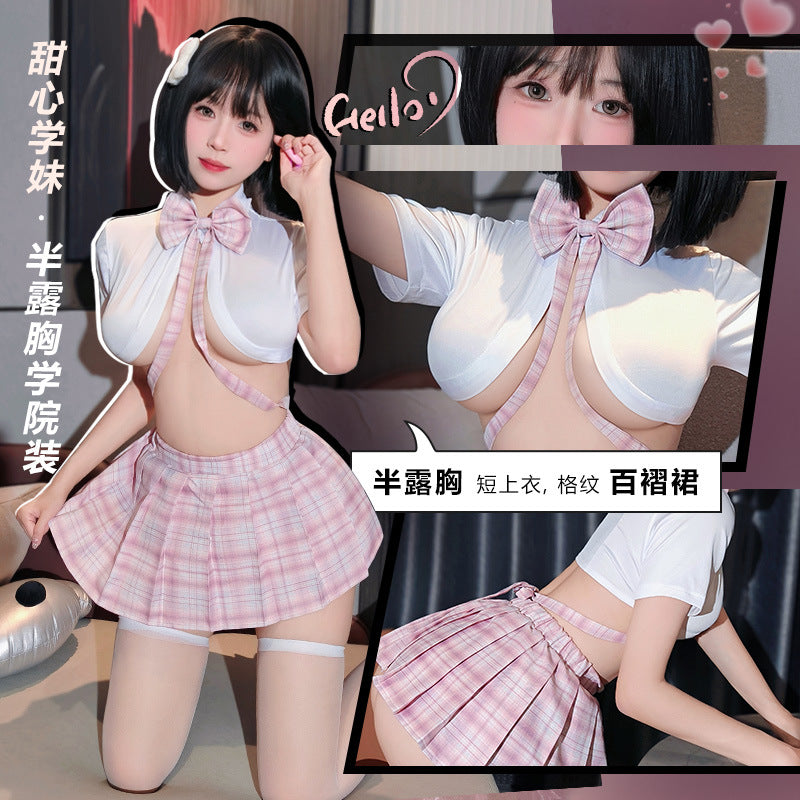 软欲学妹 领结绑带酥胸半露学院套装jk制服